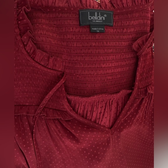 Like new. BELLDINI Black Label Plus Size Ruffle Tie-Neck Top - Cranberry color - Picture 6 of 9